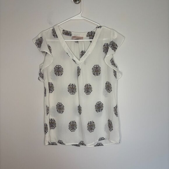 PHILOSOPHY Womens Sheer Top S V-Neck Ruffle Sleeve White Patterned - Picture 3 of 4